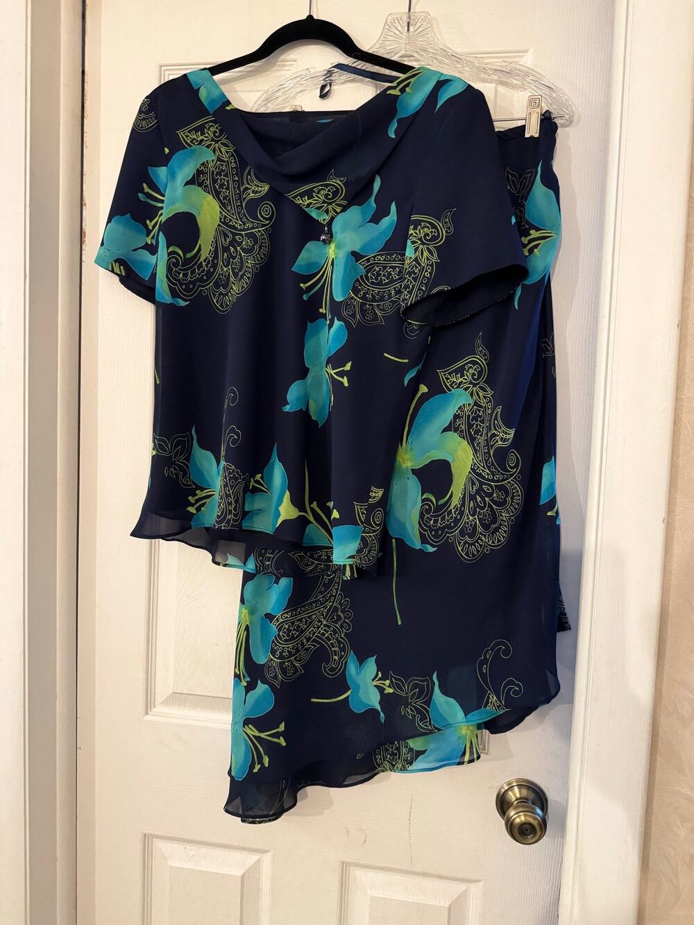 Studio I 2-Piece Chiffon Skirt Set Navy Blue Turquoise Floral Cowl Neck Midi 12